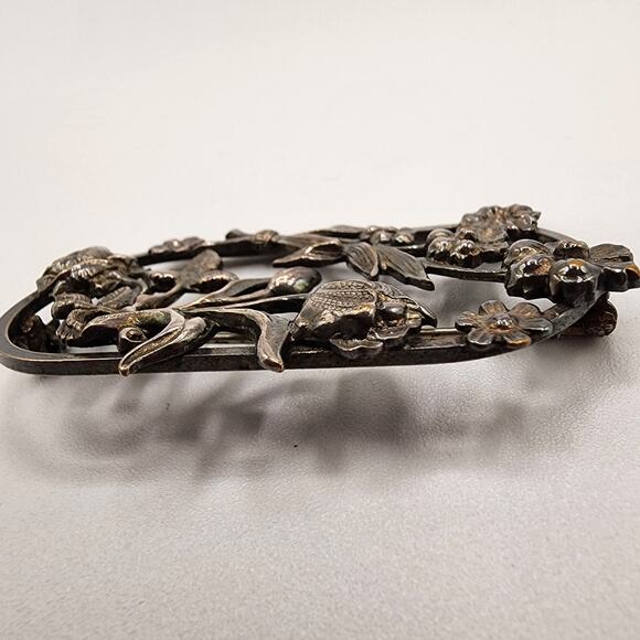 Vintage Art Nouveau Revival Floral Brooch Silver Tone Rose Tulip Bar Pin 1930s - Picture 5 of 8